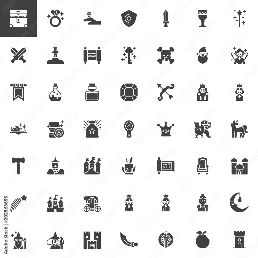 Fairytale vector icons set, modern solid symbol collection, filled style pictogram pack. Signs, logo illustration. Set includes icons as Treasure, Diamond, Shield, Sword, Excalibur, Letter, Key Magic Fairytale vector icons set, modern solid symbol collection, filled style pictogram pack. Signs, logo illustration. Set includes icons as Treasure, Diamond, Shield, Sword, Excalibur, Letter, Key Magic