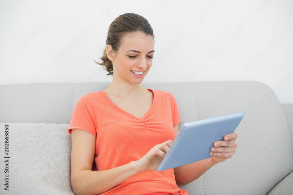 Softly smiling woman using her tablet sitting on couch Softly smiling woman using her tablet sitting on couch