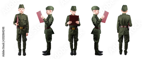 boy in military uniform holds a folder 5 positions in a row, isolate on white