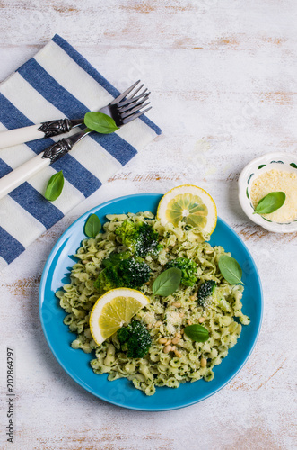 Traditional pasta tripoline with pesto photo