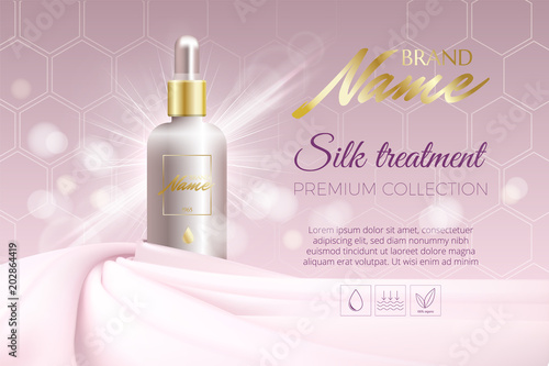 Advertising poster for cosmetic product for catalog, magazine. Vector design of cosmetic package. Advertising of tonal cream, concealer, base. Nutritious cream, gel, body lotion with protein of silk.