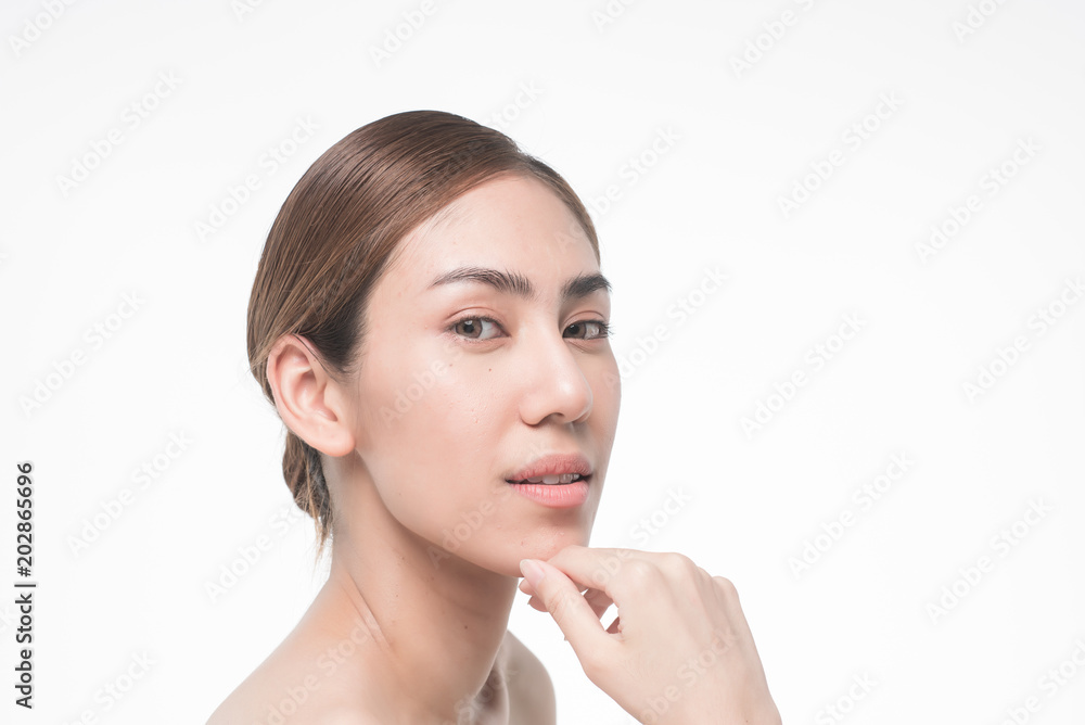 Young beautiful asia woman touching her face isolated on white background concept skincare cosmetic Young beautiful asia woman touching her face isolated on white background concept skincare cosmetic