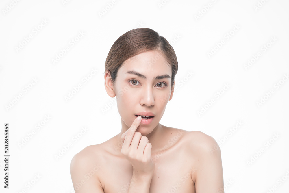 Young beautiful asia woman touching her lip isolated on white background concept skincare cosmetic Young beautiful asia woman touching her lip isolated on white background concept skincare cosmetic