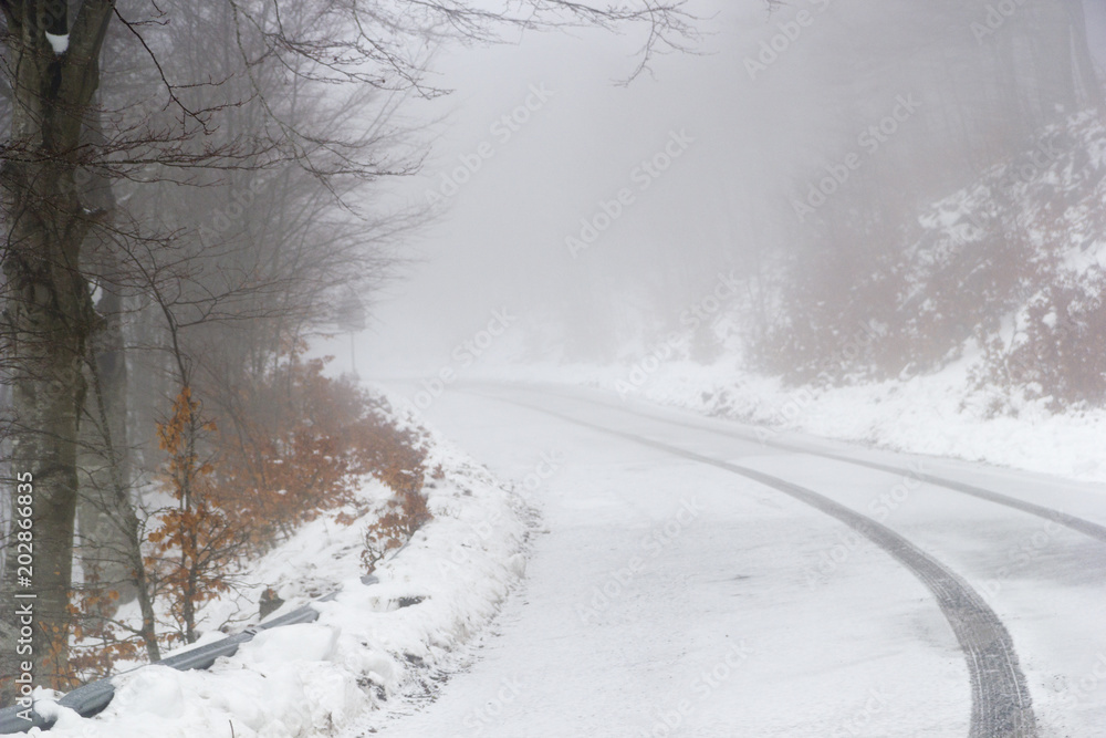 Fototapeta premium mountain road with fog and snow