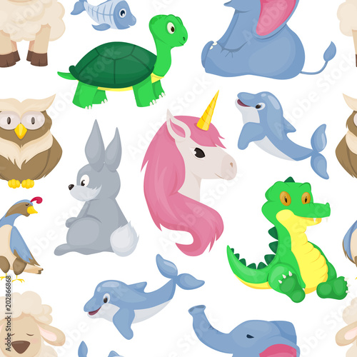 Zoo animals seamless pattern vector background cute cartoon wild characters illustration