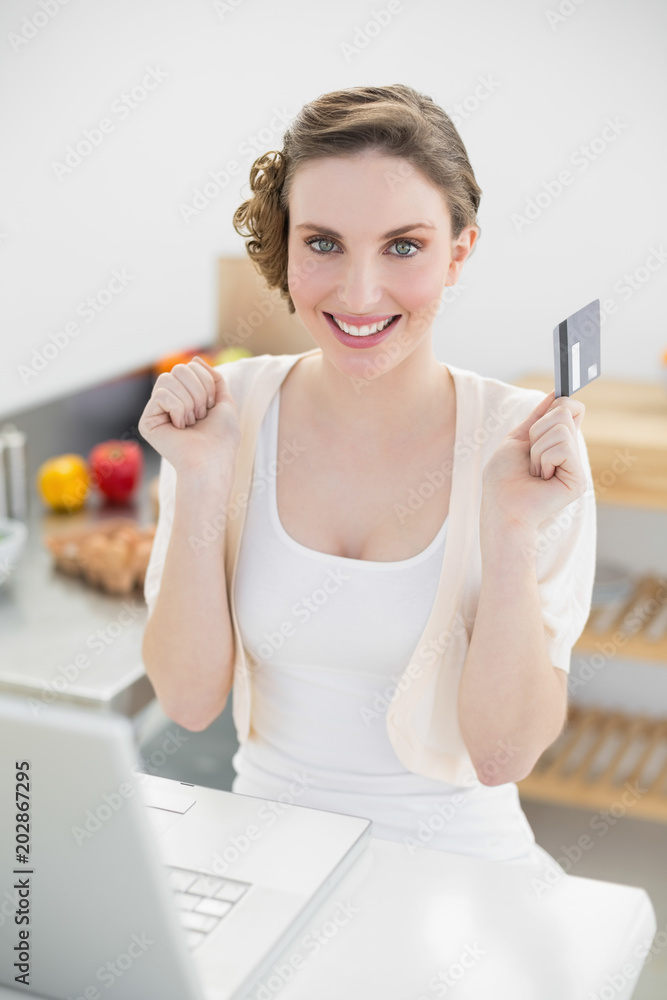 Happy brunette woman sitting in kitchen while home shopping Happy brunette woman sitting in kitchen while home shopping