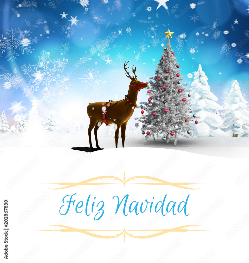Christmas greeting card against christmas tree and reindeer Christmas greeting card against christmas tree and reindeer