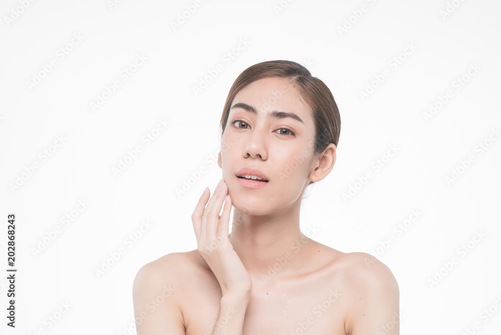 Young beautiful asia woman touching her face isolated on white background concept skincare cosmetic Young beautiful asia woman touching her face isolated on white background concept skincare cosmetic