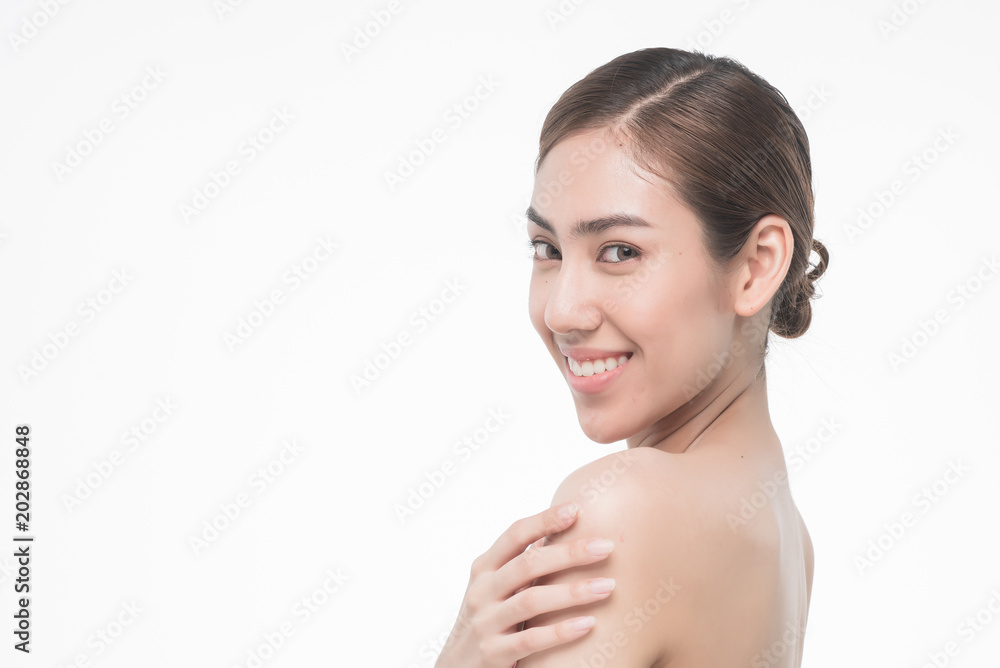 Young beautiful asia woman touching her body isolated on white background concept skincare cosmetic Young beautiful asia woman touching her body isolated on white background concept skincare cosmetic