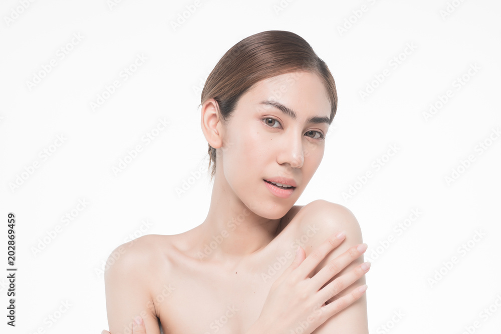 Young beautiful asia woman touching her body isolated on white background concept skincare cosmetic Young beautiful asia woman touching her body isolated on white background concept skincare cosmetic