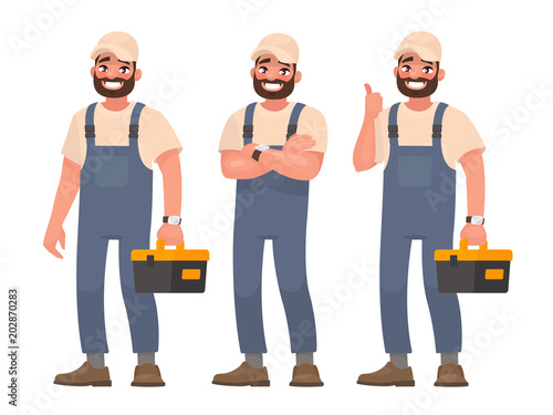 Happy repairman or mechanic with a toolbox. Set of different poses. Vector illustration © tynyuk