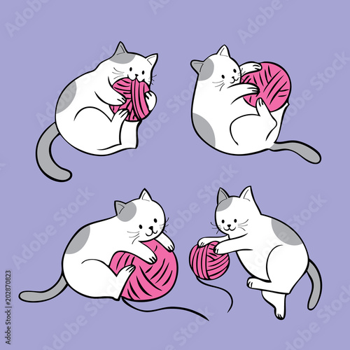 Cartoon cute actions cat playing yarn vector.