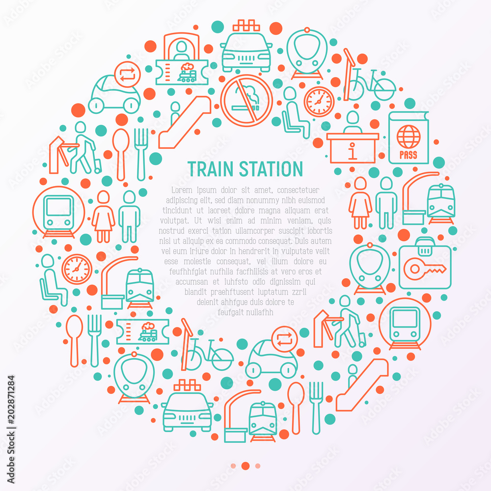 Train station concept in circle with thin line icons: information, ticket office, toilet, taxi, metro, waiting room, luggage storage, turnstile, bicycles rent. Modern vector illustration for banner.