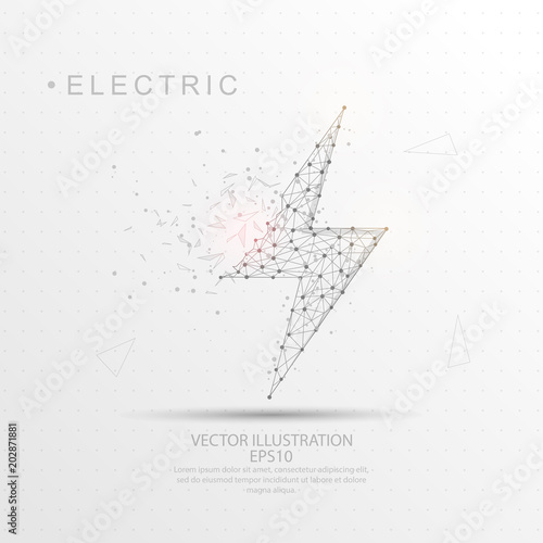 Electric lightning shape digitally drawn low poly wire frame.