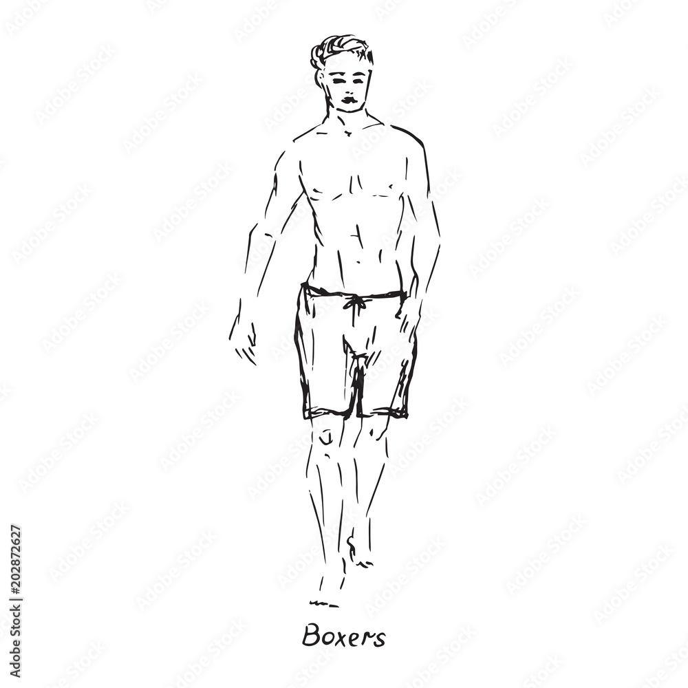 Portrait of sexy guy in boxers type of swimsuit with inscription, hand drawn outline doodle, sketch in pop art style, black and white vector illustration