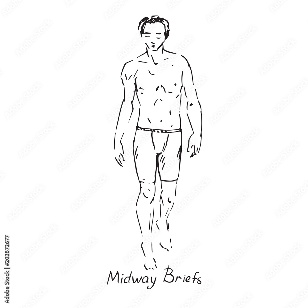 Portrait of sexy guy in briefs shorts with inscription, hand drawn outline doodle, sketch in pop art style, black and white vector illustration