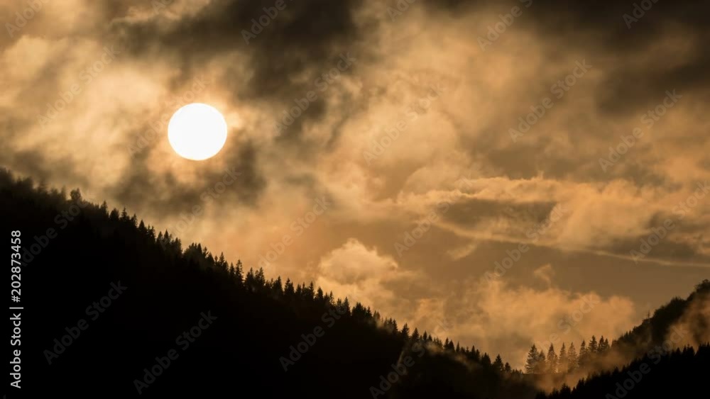Mystic sunset over dark forest Time lapse Mystic sunset over dark forest Time lapse