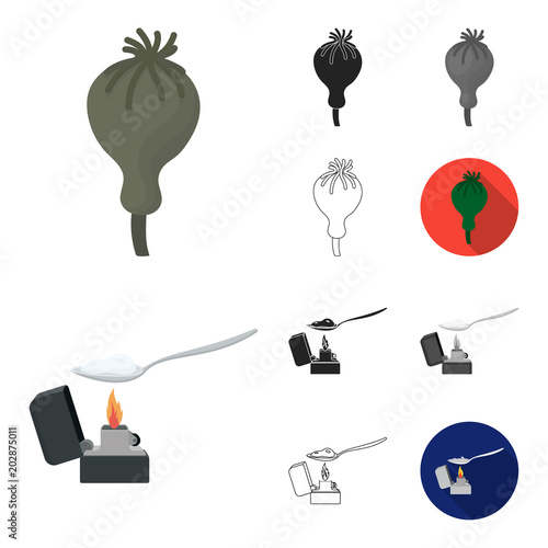 Drug addiction and attributes cartoon,black,flat,monochrome,outline icons in set collection for design. Addict and Drug vector symbol stock web illustration.