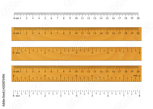 Realistic wooden ruler. Metric Imperial Rulers. Centimeter And Inch. Measure Tools Equipment Isolated On White Background