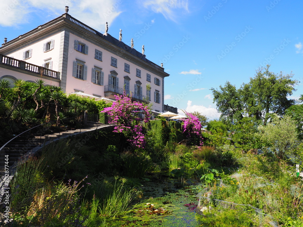 Beauty historical building and beauty purple flowers, exotic plants at Brissago island landscape near in Switzerland