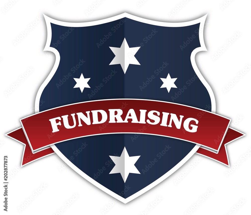 Blue shield and red ribbon with FUNDRAISING text. Blue shield and red ribbon with FUNDRAISING text.
