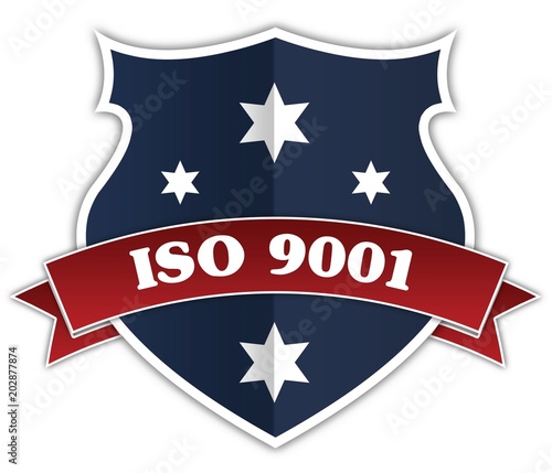 Free Download Blue shield and red ribbon with ISO 9001 text. - GFXLoad