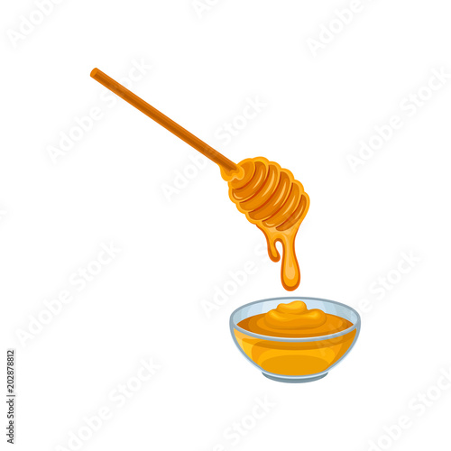 Glass bowl of sweet honey and wooden dipper. Organic and healthy product from apiary farm. Sweet food. Flat vector icon