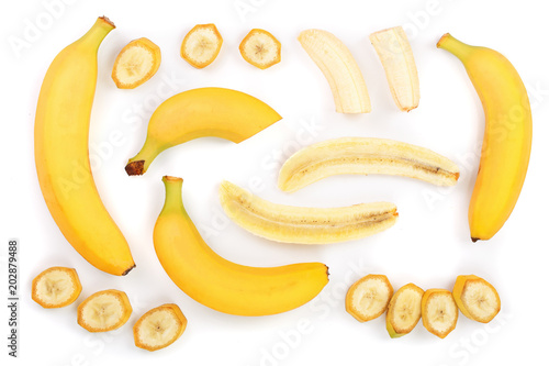 whole and sliced bananas isolated on white background. Top view. Flat lay