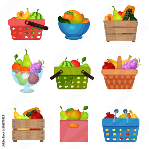 Flat vector set of wooden boxes, bowl, containers, shopping and picnic baskets with fresh fruits. Tasty and healthy food