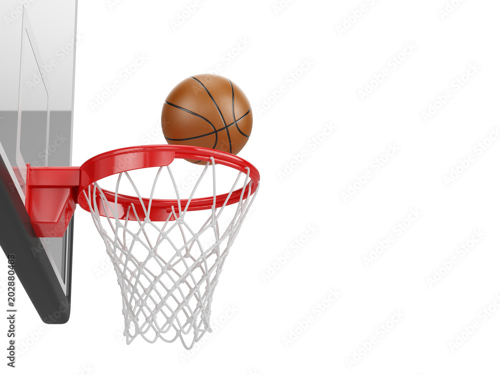 Basketball backboard, hoop, and basketball ball isolated on white background. 3d rendering Basketball backboard, hoop, and basketball ball isolated on white background. 3d rendering