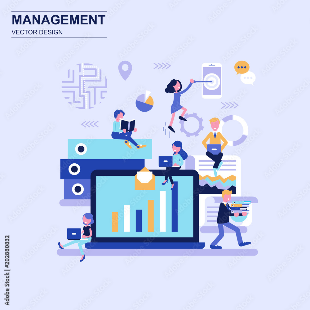 Management flat design concept blue style with decorated small people character. Management flat design concept blue style with decorated small people character.