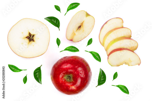 red apples with slices decorated with green leaves isolated on white background top view. Set or collection. Flat lay