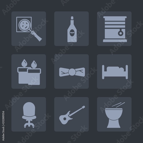 Premium set of fill icons. Such as wineglass, red, alcohol, chair, furniture, magnifier, wine, guitar, find, house, bottle, restaurant, elegance, window, tie, curtain, zoom, magnification, bow, search