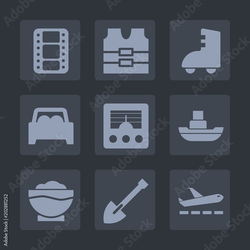 Premium set of fill icons. Such as protective, sea, wireless, uniform, shovel, antenna, automotive, food, transportation, vest, coffee, art, construction, film, video, skate, restaurant, signal, ship photo