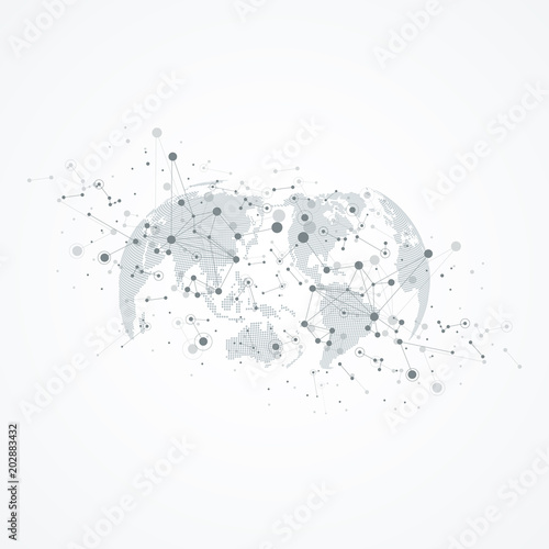 Abstract cloud computing background and networks concept with earth globes. Global digital connections with dotted and lines. Big data visualization complex with compounds. Vector illustration