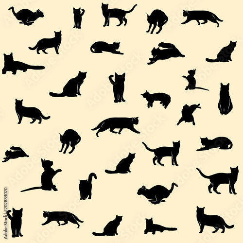 set of black cat silhouettes on background. Wallpaper. vector illustration