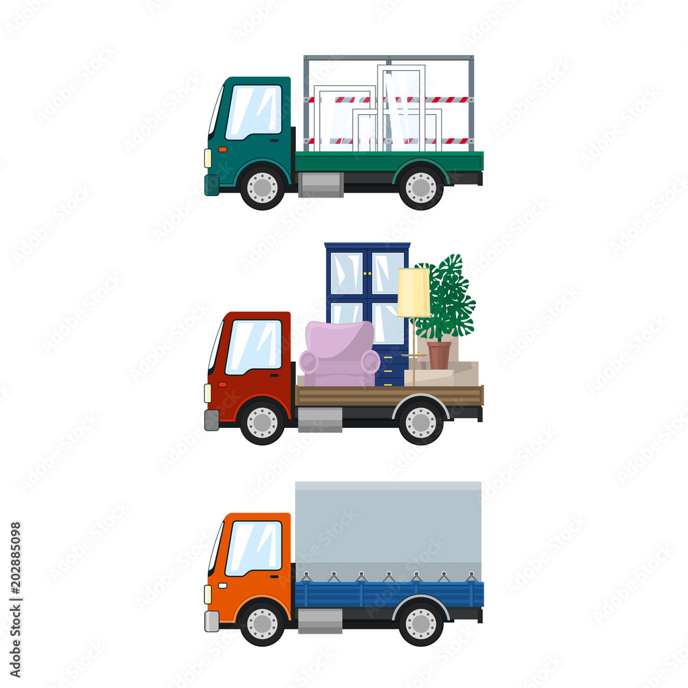 Set of Cargo Trucks, Car Transports Windows, Red Mini Lorry with Furniture, Small Closed Truck, Transport and Delivery Services, Logistics, Vector Illustration Set of Cargo Trucks, Car Transports Windows, Red Mini Lorry with Furniture, Small Closed Truck, Transport and Delivery Services, Logistics, Vector Illustration