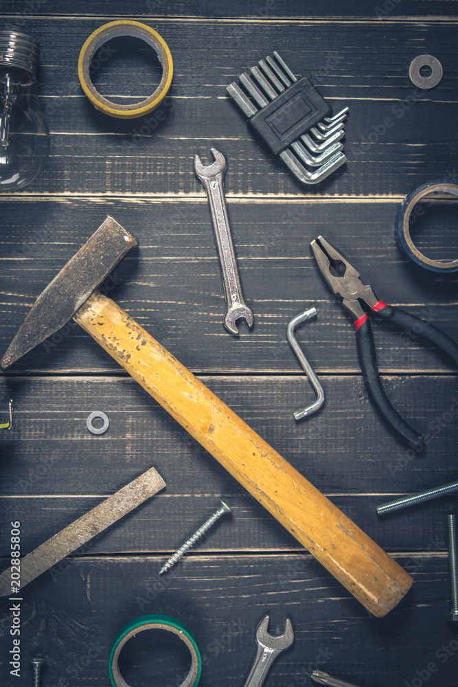 Joinery tools on a dark wooden table. Place for the text. A concept for Father's Day. Joinery tools on a dark wooden table. Place for the text. A concept for Father's Day.