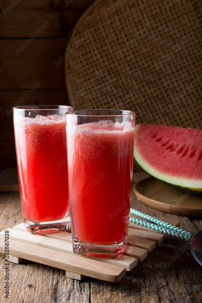 Fotografie Watermelon smoothie on wood background