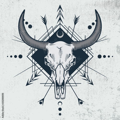 Bull skull in engraving graphic, ink technique. Vector illustration of bull  skull with sacred geometry shapes on grunge background. Good for posters,  t-shirt prints, tattoo design. Stock Vector | Adobe Stock