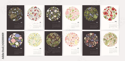 Calendar for 2019 year. Page templates with round seasonal floral decorative elements and months on black and white backgrounds. Effective monthly planner. Modern botanical vector illustration.