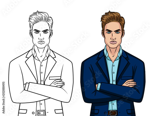 Vector set of two angry businessman: colorful character and line silhouette isolated from white background. Furious guy in suit standing in front with crossed arms