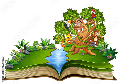 Open book with animals cartoon on the trees