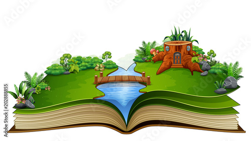 Story book with river and a wooden house in a beautiful nature