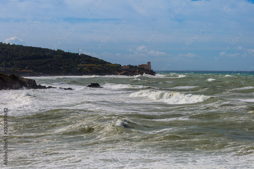 Boccale Castle, Seashore and Choppy Sea in Windy Day in Livorno, Italy