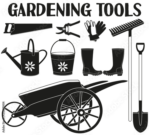 Black and white garden silhouette set 9 elements.