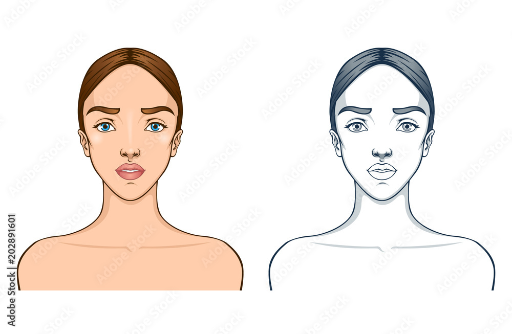 Template of female face. Vector illustration of pretty young woman. Professional make up, face care chart, eyebrow styling guide. Template of female face. Vector illustration of pretty young woman. Professional make up, face care chart, eyebrow styling guide.
