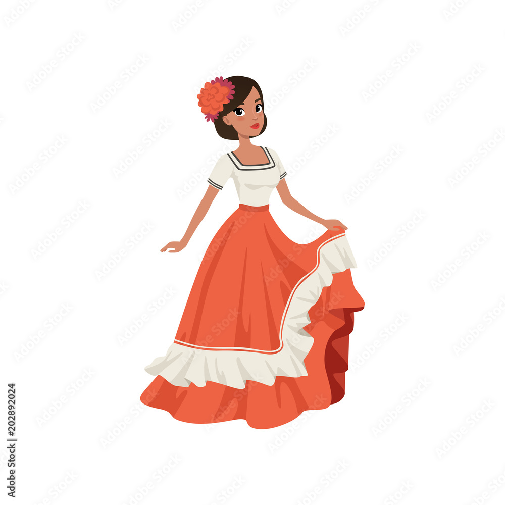 Young beautiful mexican woman in traditional national dress vector Illustration on a white background Young beautiful mexican woman in traditional national dress vector Illustration on a white background