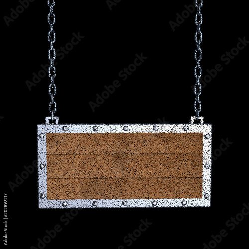 Blank cork signboard with metallic border hanging on chain.