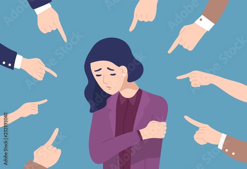 Sad or depressed young woman surrounded by hands with index fingers pointing at her. Concept of quilt, accusation, public censure and victim blaming. Flat cartoon colorful vector illustration. photo